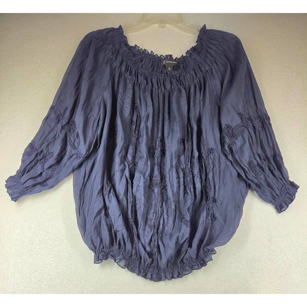INC International Concepts Blue Embroidered Peasant Blouse Smocked Hem Top 12